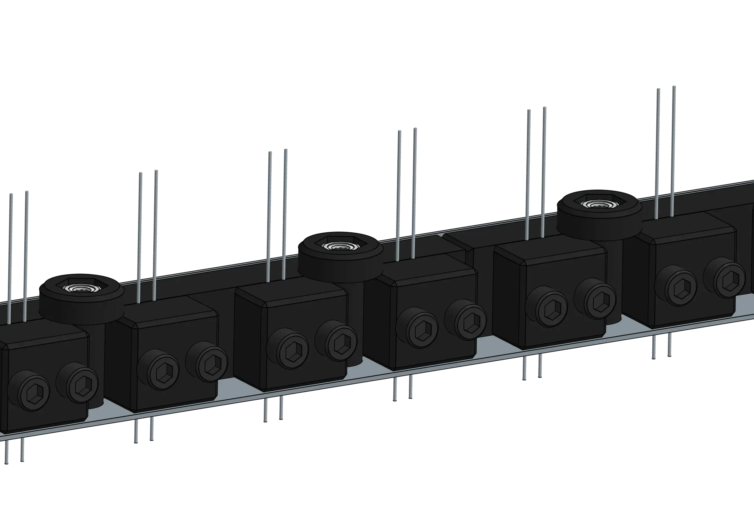 A single row of clamps with the paired wires from each sheet.