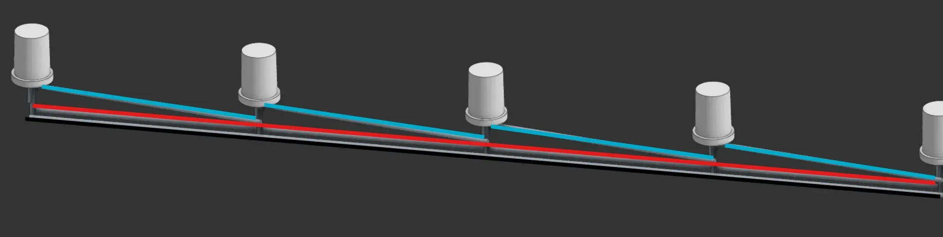 A segment of a 16x1x1 row with power/ground wires at the base, and diagonal data lines connecting data-in and data-out of each LED.