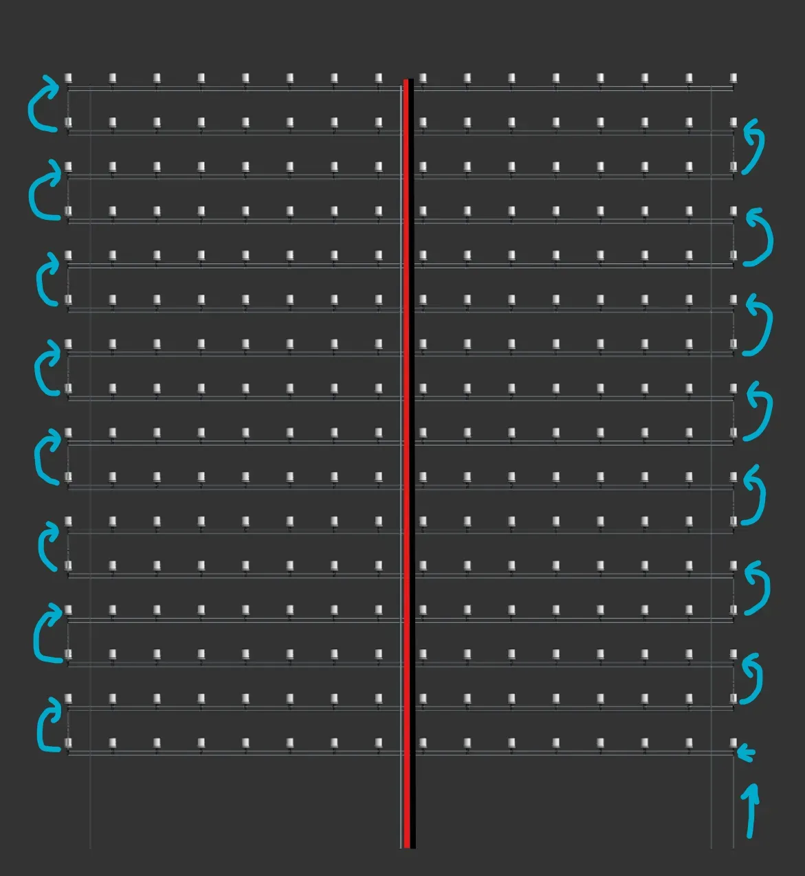 A full 16x16x1 sheet. Power is brought up through two central wires, and data is routed up from the base in a snaking path.